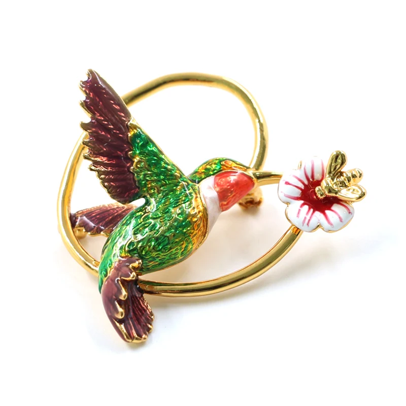 Emalje fugl og blomsterbroche guldbelagt messing